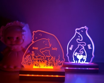 Personalized Bedroom LED Bear Decor Sign, Bear Family Custom Name Light, Mother's Day Gift, Home Gift, Gift for Parents, Home Decor, Pearl