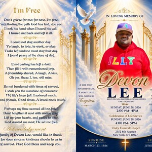 May include: A funeral programme featuring a portrait of a person in a red hoodie and purple cap, with the text 'In Loving Memory of Devon Lee', service details for 28 June 2026, at Unity Funeral Chapel, and the poem 'I'm Free' against a sky background.