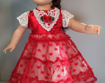 Fancy Red doll dress with lace applique on bodice, cotton trim sleeves for all 18 inches most popular dolls.