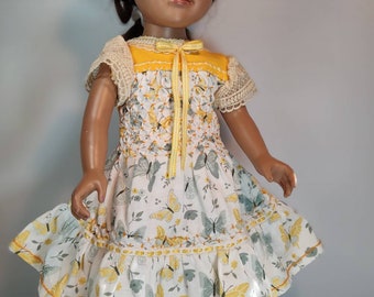 Floral Yellow and Blue Butterflies Doll Dress with  smocked bodice to fit all most popular 18 inch dolls.