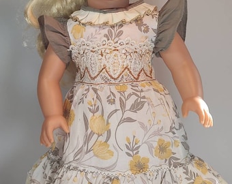 Gray, yellow and white doll dress with embroidery and lace to fit most popular 18 inch dolls one of a kind.