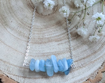 Aquamarine Bar Necklace: Icy Blue Gemstone, Silver Plated Chain
