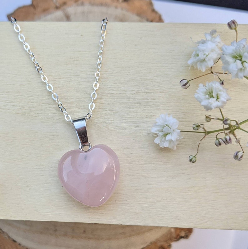 Rose Quartz Necklace Heart Silver Pendant Crystal Gemstone Black Cord Gift for Her 