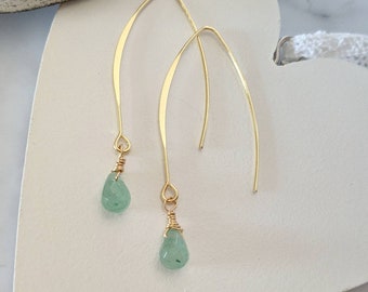 Green Aventurine Dangle Earrings, 18k Gold Gemstone Gift for Her Green Crystal Jewellery