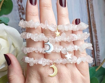 Rose Quartz Bracelet Moon Star Silver Gold Gift for Her Crystal Gemstone Bracelets