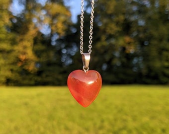 Carnelian Silver Necklace Gemstone Crystal Red Heart Pendant Black Silver Gift for Her