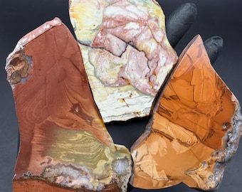 Puede incluir: Tres losas de piedra de jaspe de forma irregular. Las piedras muestran una variedad de colores, incluyendo tonos de rojo, marrón, amarillo y blanco. Las superficies tienen patrones y texturas naturales, con algunas áreas que muestran formaciones cristalinas.