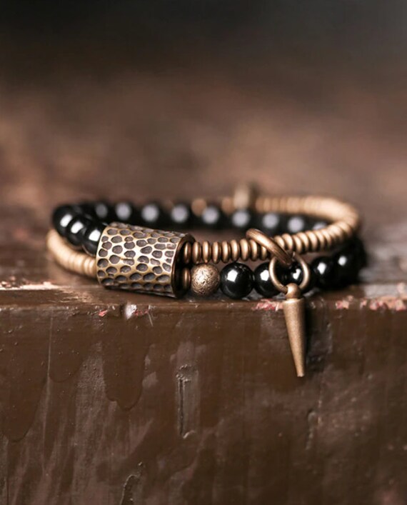 COPPER BRACELET Handmade Black Obsidian Beads Hammered Brass
