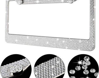 Bling License Plate Frame, 4 mm Glass Crystal Rhinestones + Screw Cap Covers, Women Car Accessories Gift, Bling Car Decor, Car Glam
