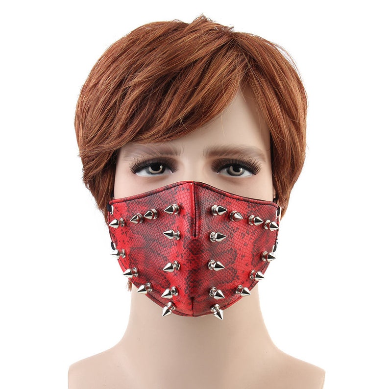 Red Spiked Leather Face Mask - Punk Rivet Mask - Biker riding mask Gothic Leather Mask  - FREE Shipping  from CANADA 