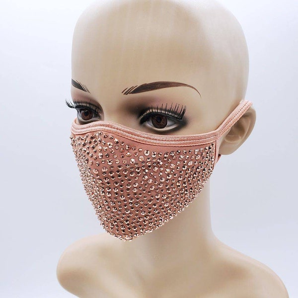 Rose Gold Rhinestone Bling Face Mask with 1 Filter - Sparkly bedazeled glitter diamonds face mask for women. FREE Shipping  from CANADA