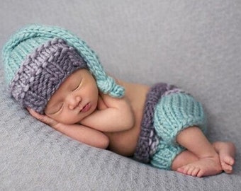 Handmade Newborn Baby Boy Knitted - Elf Baby - Newborn Little Boy Blue ~ Newborn Gift ~ Crochet Newborn - Baby Gnome Costume