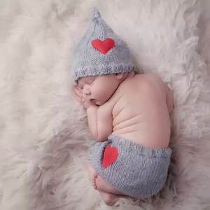 NewbornHeart Hat and Diaper Cover Newborn Baby Knitted Outfit Newborn Photo Prop or Costume Crochet Newborn Baby Gnome image 1