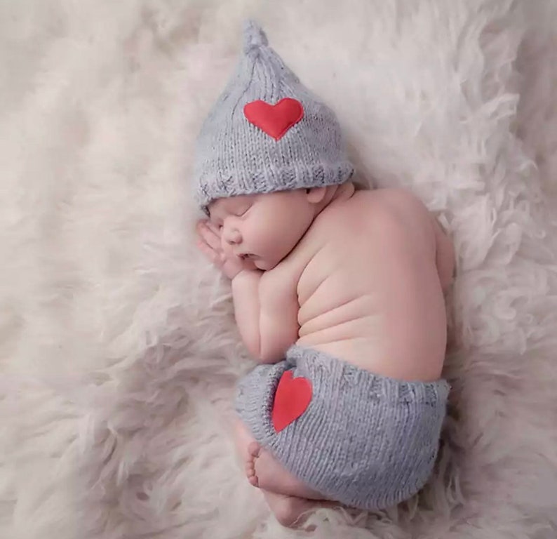 NewbornHeart Hat and Diaper Cover Newborn Baby Knitted Outfit Newborn Photo Prop or Costume Crochet Newborn Baby Gnome image 1