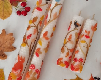 Beeswax Autumn Taper Candles, Hand Decorated with Autumn Leaves, Woodland Animals and Toadstools, 10cm or 20cm High, Sets of 2 or 4