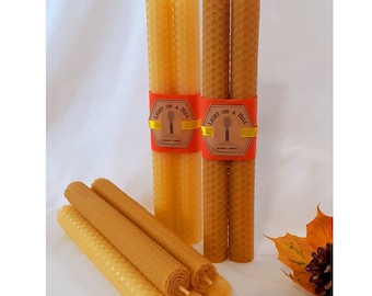 2x Pure Natural Beeswax Taper Candles, 20cm x 2cm wide, Choice of Two Colours of Natural Beeswax