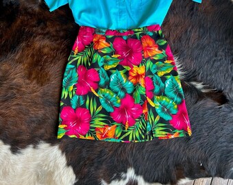 80s vintage HIBISCUS tropical floral MINI Skirt size 27” Waist Sm-Med
