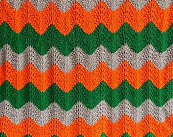 Chevron Afghan Dayglo Orange Green and Beige