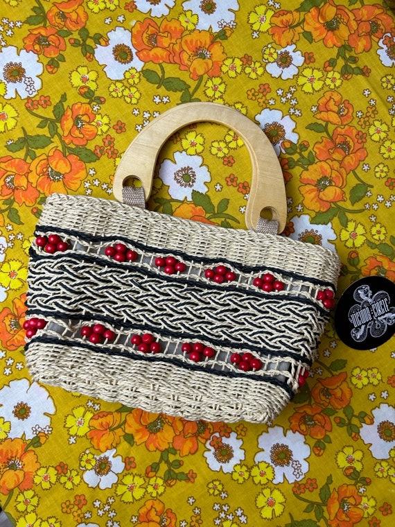 Wooden Handle Basket Weave Beaded Handbag