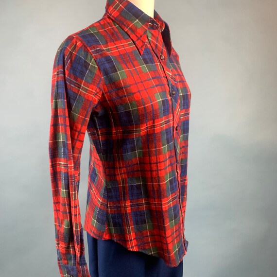 70s Vintage Red Plaid FLANNEL Shirt Sz M - image 4