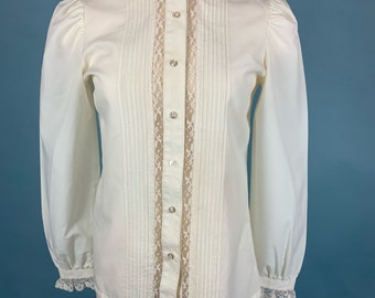 70s Vintage Cream RUFFLE Button-down Blouse Sz Med