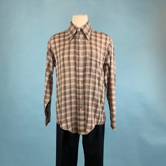 1970s Vintage Brown Plaid Button Down Sz Md - image 1