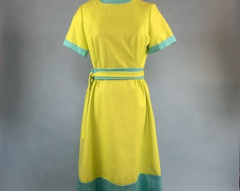 1960s vintage Lime GREEN & Teal BELTED Dress Sz Med-Lg