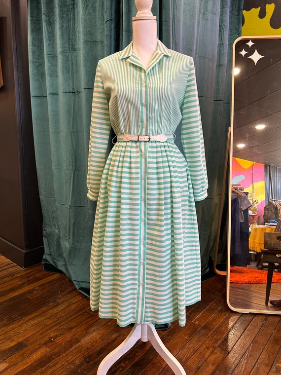 70s Teal and White Striped Shirt Dress Sz Small - image 1