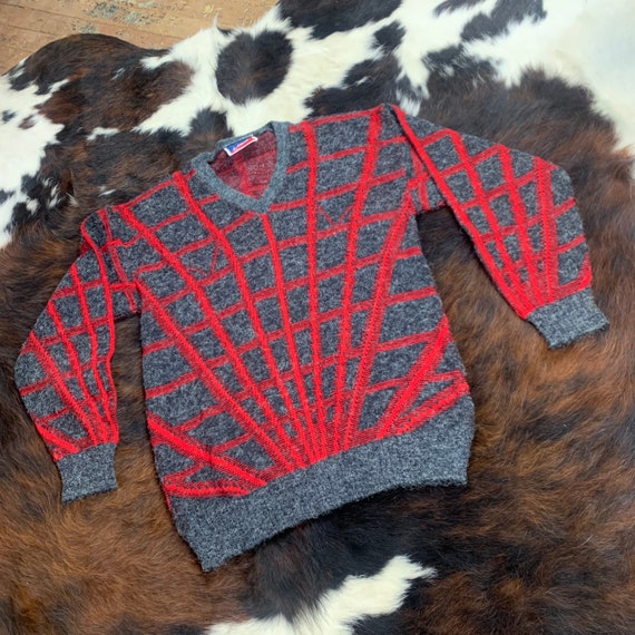 1980s TRON-Vibe Grey and RED wool Sweater Sz Lg - image 4
