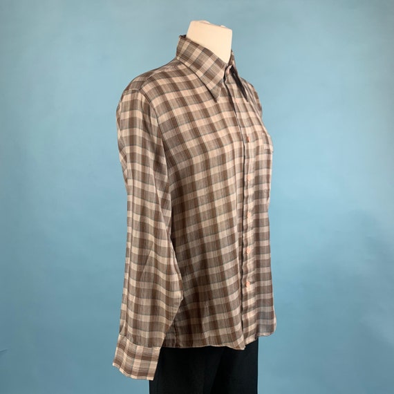 1970s Vintage Brown Plaid Button Down Sz Md - image 7