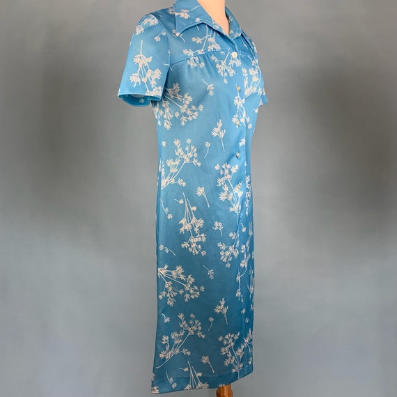 70s Vintage Blue Floral DAY DRESS dagger collar H… - image 5