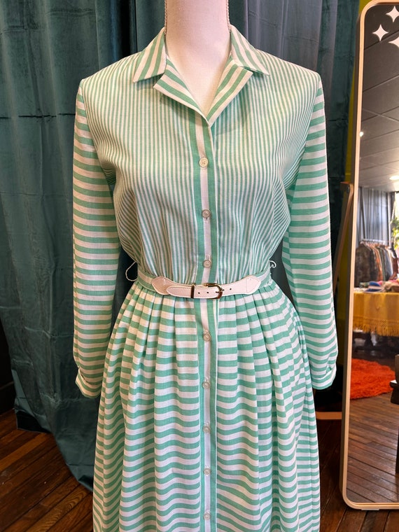 70s Teal and White Striped Shirt Dress Sz Small - image 2
