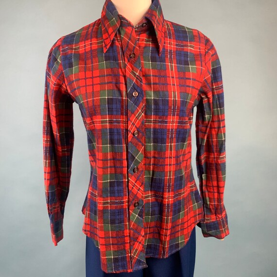 70s Vintage Red Plaid FLANNEL Shirt Sz M - image 2