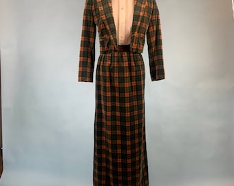 60s Vintage VELVET Plaid Maxi Skirt SUIT 2-piece Set Sz XSmall
