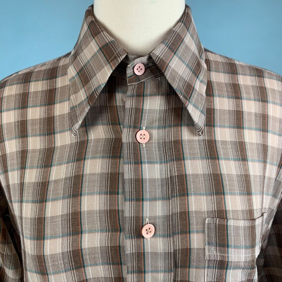 1970s Vintage Brown Plaid Button Down Sz Md - image 3