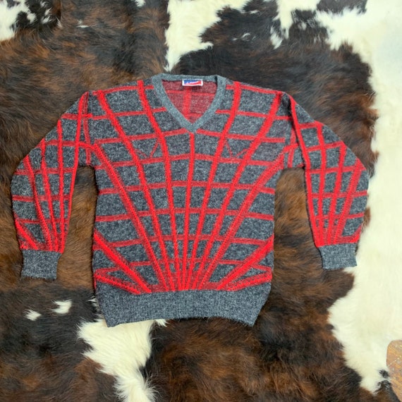 1980s TRON-Vibe Grey and RED wool Sweater Sz Lg - image 2