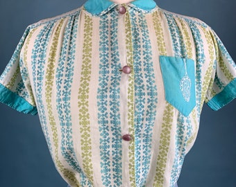 1950s/60s Vintage TIKI inspired PETER PAN Collar Pocket Blouse Sz Lg