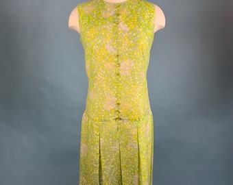 1960s Vintage Green FLORAL Drop WAIST Pleated sleeveless Dress Sz Med