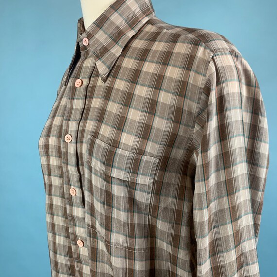 1970s Vintage Brown Plaid Button Down Sz Md - image 5