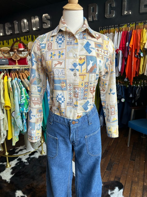 1970s Love Patchwork Print Button Up SM/MD