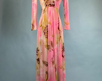 70s Vintage Abstract FLORAL Butterfly Print MAXI Dress Sz XSmall