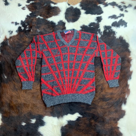 1980s TRON-Vibe Grey and RED wool Sweater Sz Lg - image 1