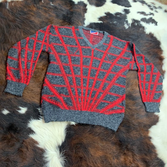 1980s TRON-Vibe Grey and RED wool Sweater Sz Lg - image 3