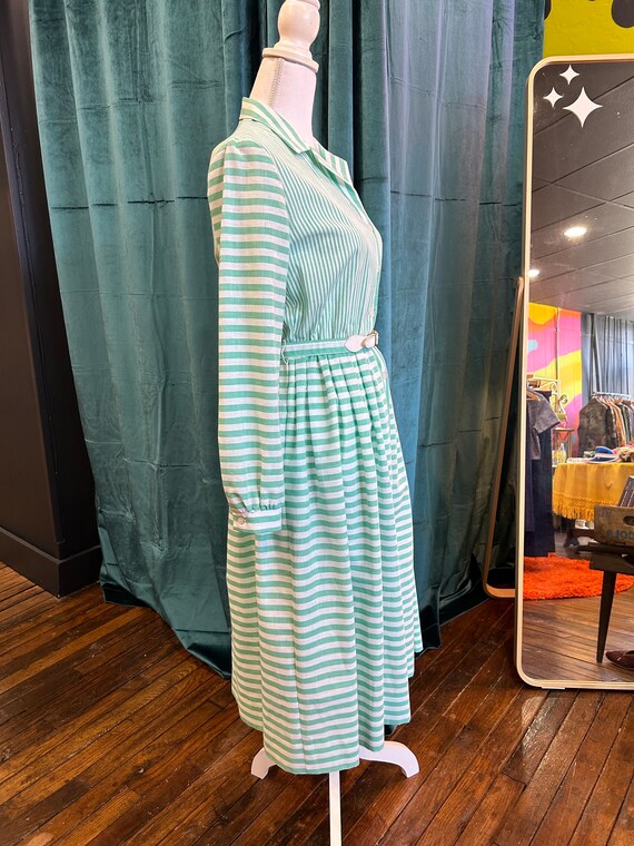 70s Teal and White Striped Shirt Dress Sz Small - image 7