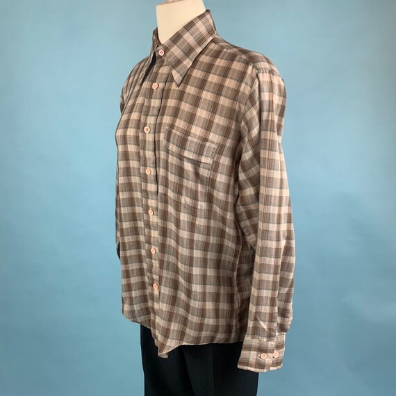 1970s Vintage Brown Plaid Button Down Sz Md - image 4