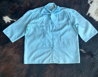 1960s Tie Neck Baby Blue Button Front Blouse size large