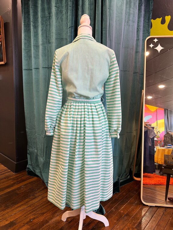 70s Teal and White Striped Shirt Dress Sz Small - image 4