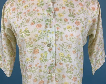 60s Vintage GAUZY Floral Button-Down BLOUSE Sz L