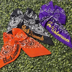 Könnte beinhalten: Drei dreieckige Bandanas mit Paisley-Mustern. Eines ist orange mit schwarzem Text Black Diamonds, eines ist schwarz mit orangefarbenem Text Black Diamonds und eines ist lila mit gelbem Text Go Wolverines.