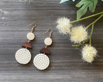 Wood and Clay Earrings, Handmade Earrings/Clay Earrings/Dangle Earrings